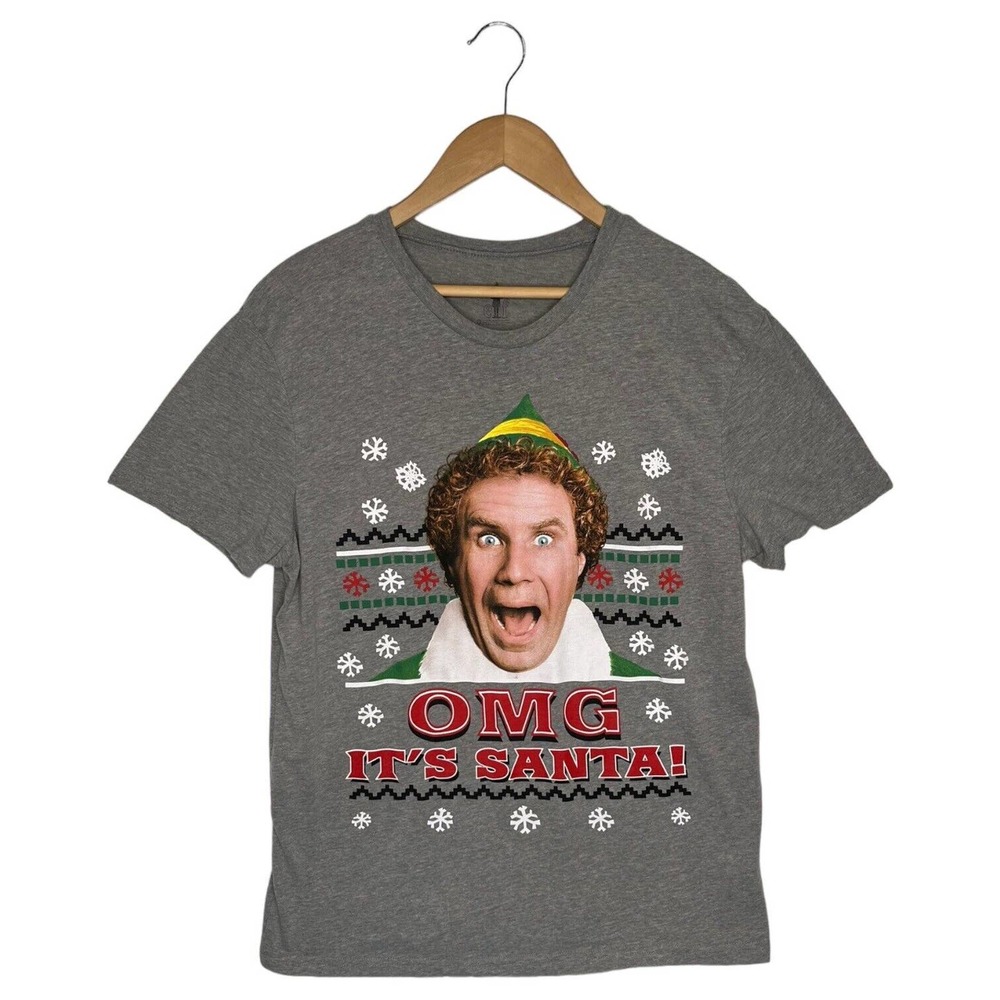 Elf Movie Shirt Mens Large Christmas OMG Its Santa Basic Funny Tee Unisex Gray